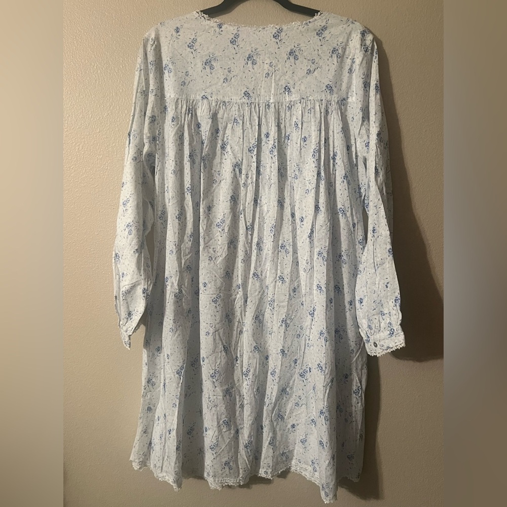Eileen West Cotton blue Floral LS Long Nightgown cottagecore lace vtg - Picture 4 of 8
